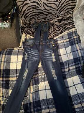 Cover Girl Juniors Distressed Skinny Denim Overalls Dark Wash